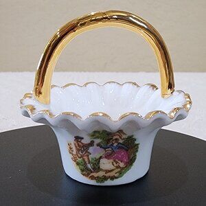 Vintage BRINTON Bone China Courting Couple SALT Handled MINI Basket Gold Accent
